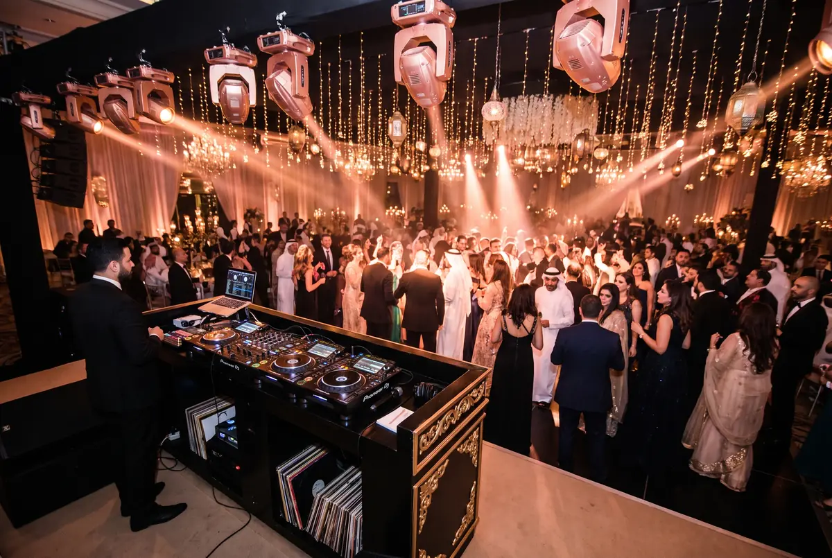 Professional Arabic DJ Layaly Indiana at Pioneer DJ booth overlooking packed wedding dance floor in Indianapolis