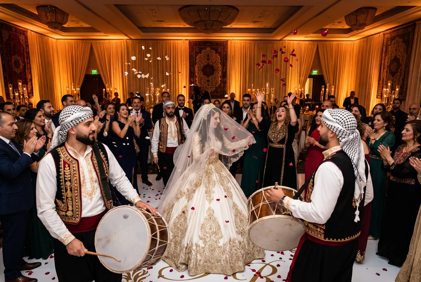 Authentic Arabic Zaffa ceremony with traditional dhol drummers and rose petals — Layaly Indiana